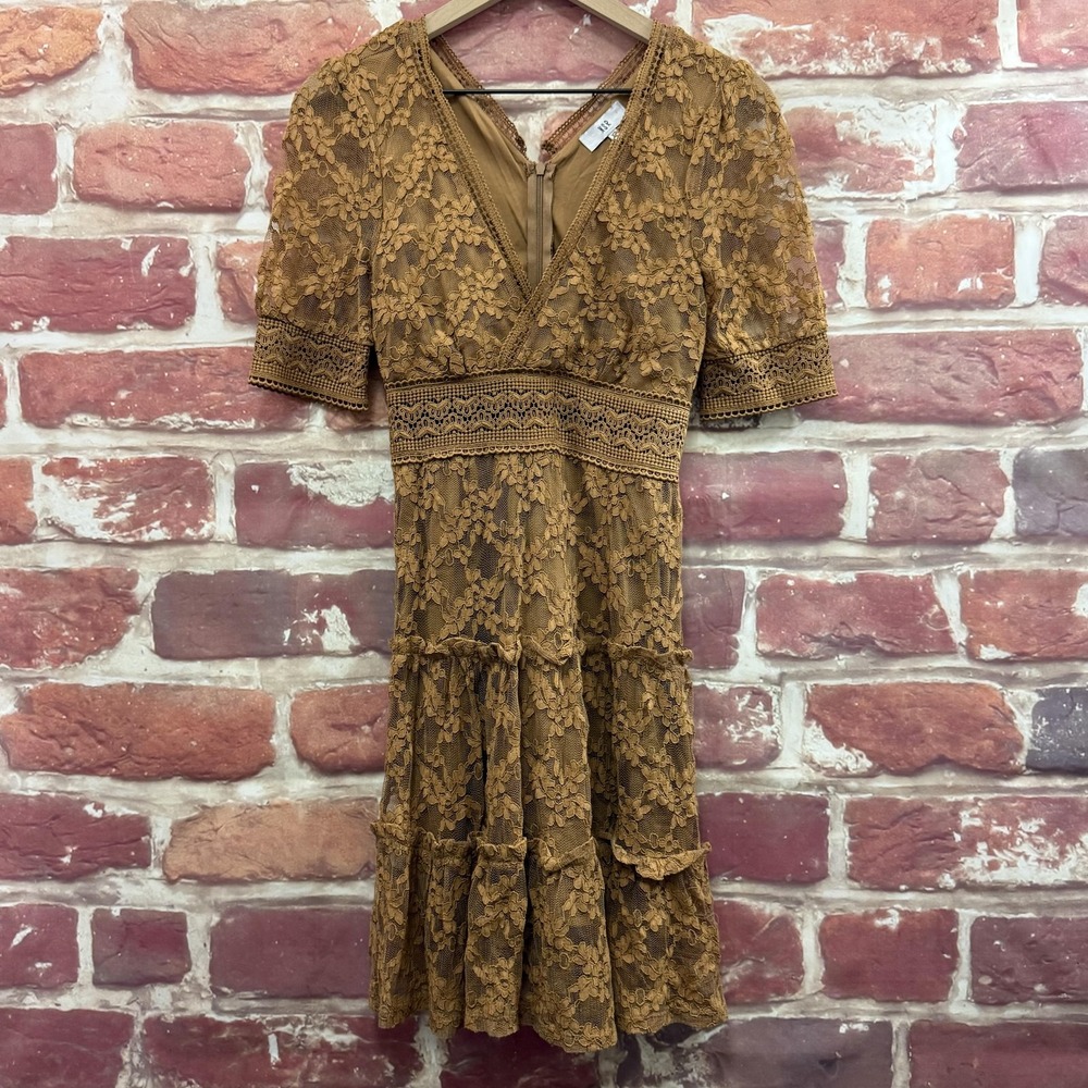 NSR Dress Women's XS Brown Chic Floral Lace Embroidered Ruffle Casual Evening